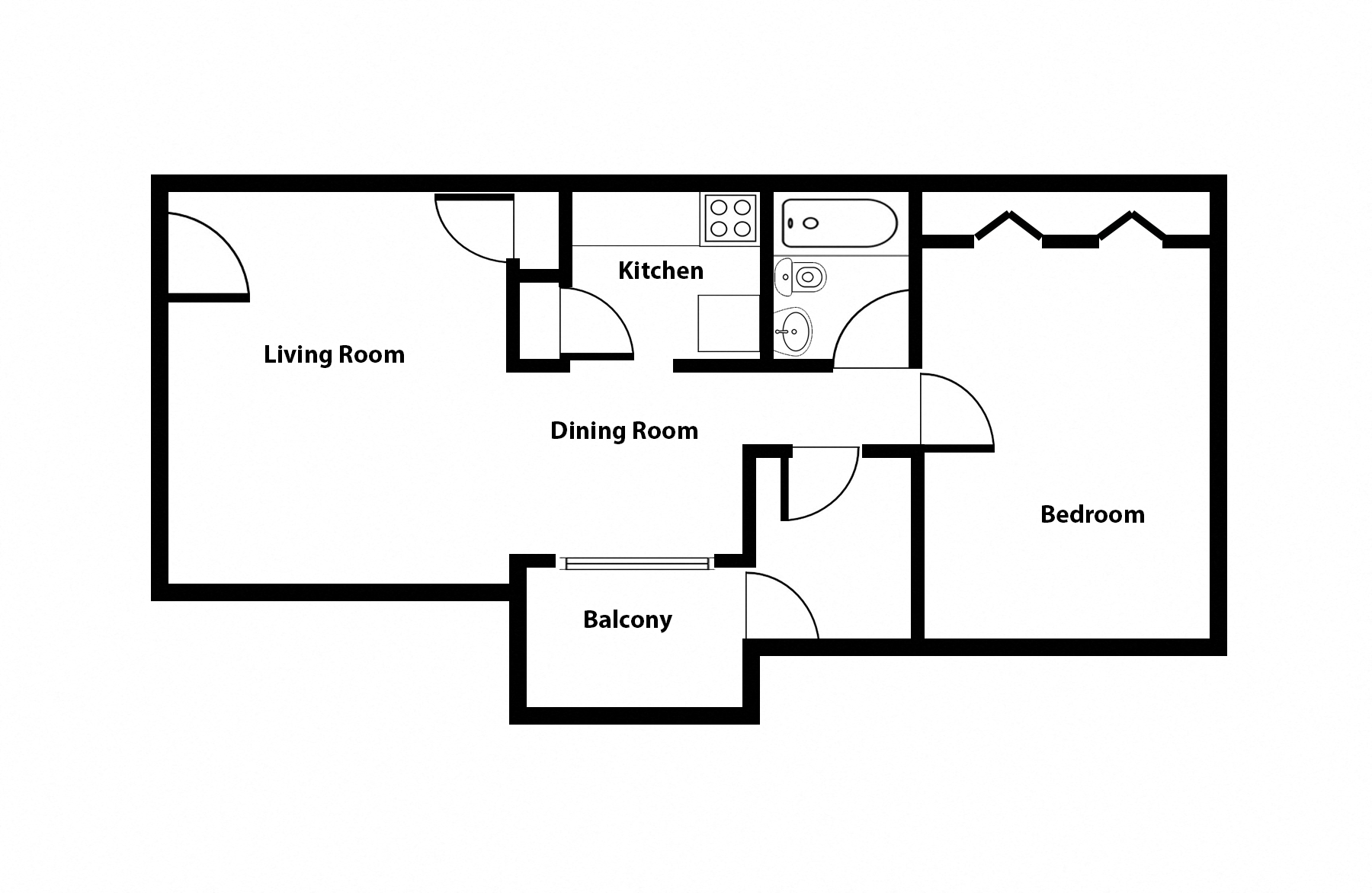 Floor plan for 1 bed, 1 bath, 700 sqft